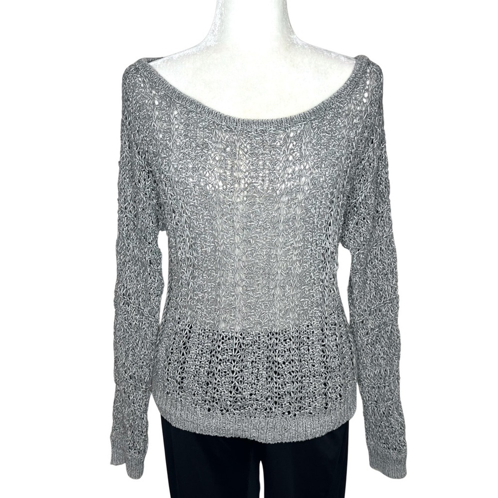 AEO Sweater Wide Neck Open Knit Long Sleeve Pullover Neutral Gray Medium M